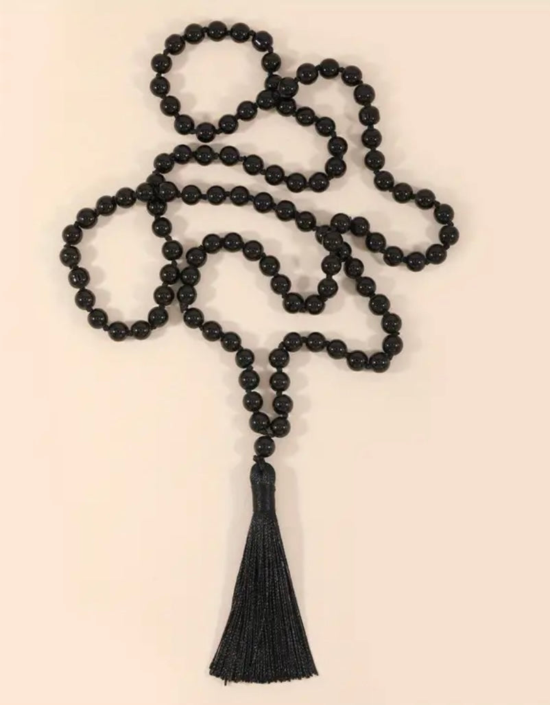 Natural Stone Black Agate Handmade beaded necklace, 108 MALA Tassel