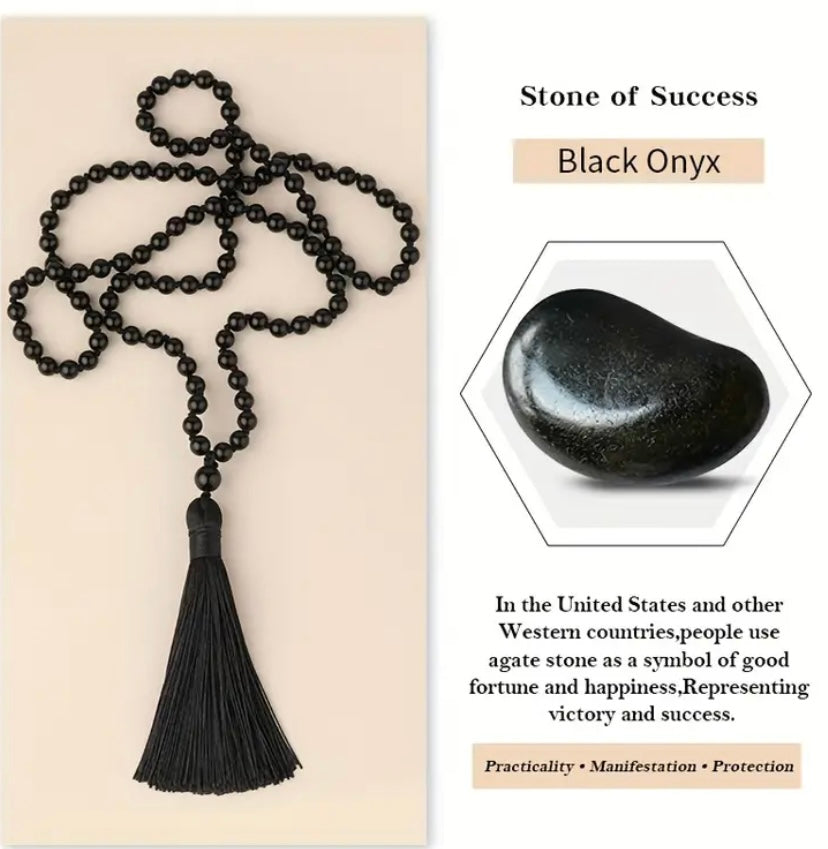 Natural Stone Black Agate Handmade beaded necklace, 108 MALA Tassel