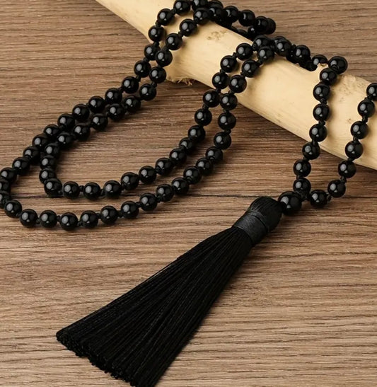 Natural Stone Black Agate Handmade beaded necklace, 108 MALA Tassel