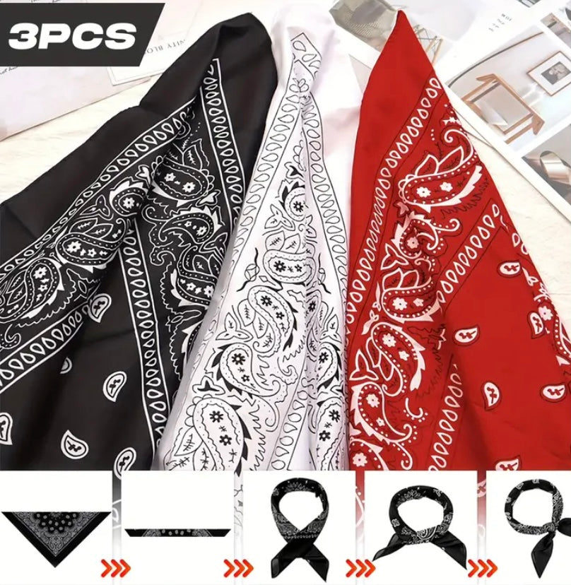 Bandana 3 pack Black, Red, White.