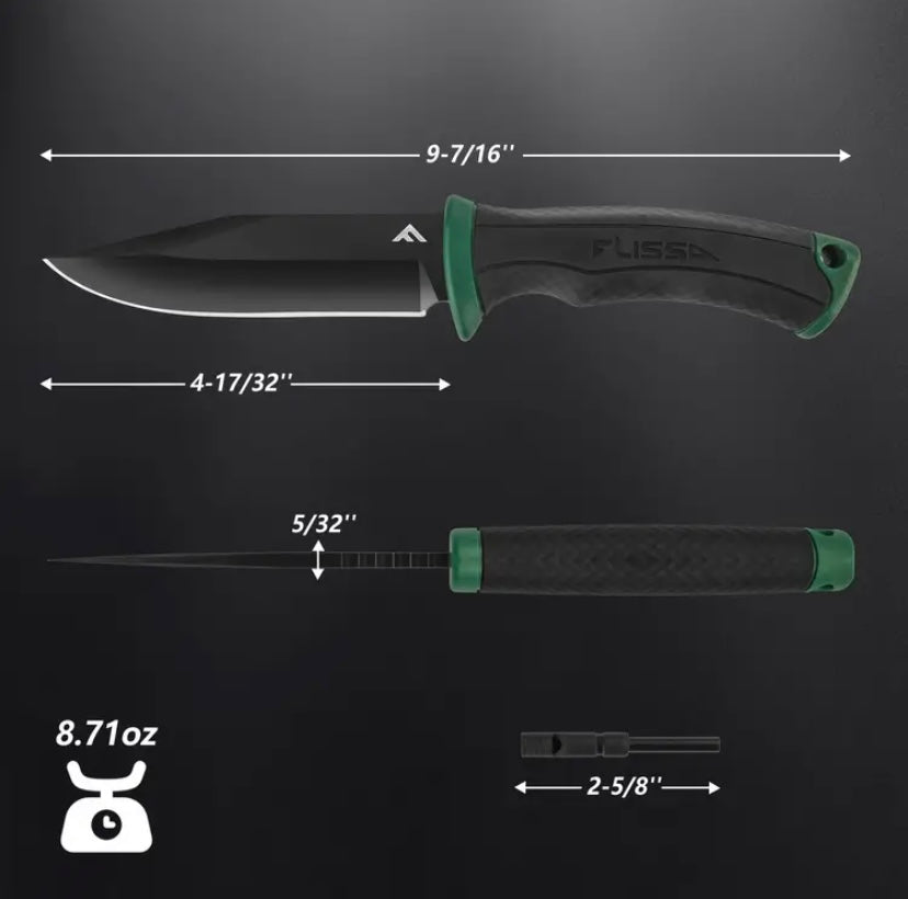 Survival Knife with Sheath, Fire Starter, Whistle.