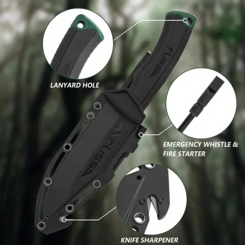 Survival Knife with Sheath, Fire Starter, Whistle.